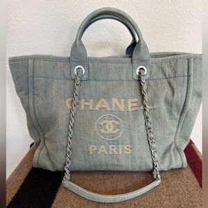 CHANEL Light Blue Denim Deauville Large Tote Bag